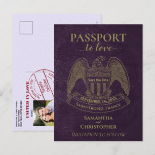 Carte Postale Faire-part Passeport Violet Mignon Mariage Enregistrer la Dat