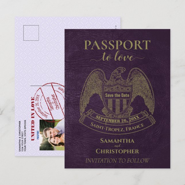 Carte Postale Faire-part Passeport Violet Mignon Mariage Enregistrer la Dat (Devant / Derrière)