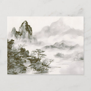 Carte Postale Faire-part Paysage minimaliste de montagne zen à l'encre brum