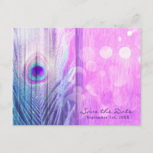 Carte Postale Faire-part Peacock Feather Pink & Blue Boho Enregistrer la da