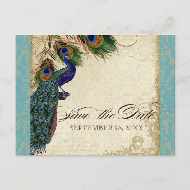 Carte Postale Faire-part Peacock & Feathers Formal Enregistrer la date Aqua (Devant)