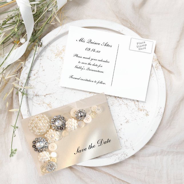 Carte Postale Faire-part Pearl Diamond Buttons Quinceañera Enregistrer la d (Créateur téléchargé)
