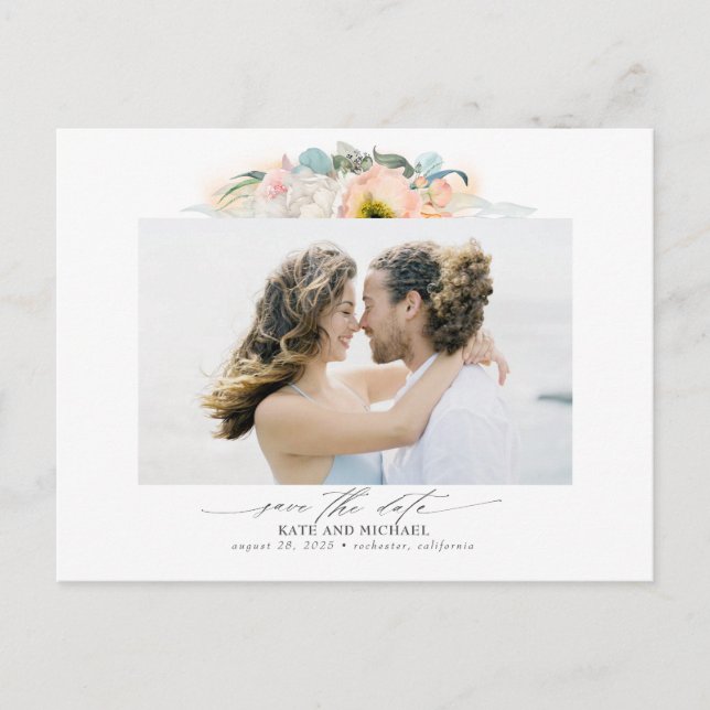 Carte Postale Faire-part Pêche et fleurs roses Enregistrer la date Photo (Devant)