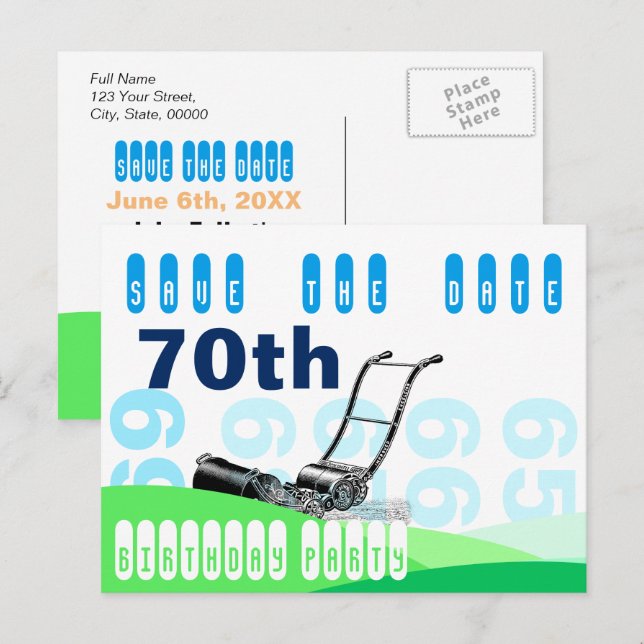 Carte Postale Faire-part Pelouse Mower 70th Birthday Party Enregistrer la d (Devant / Derrière)