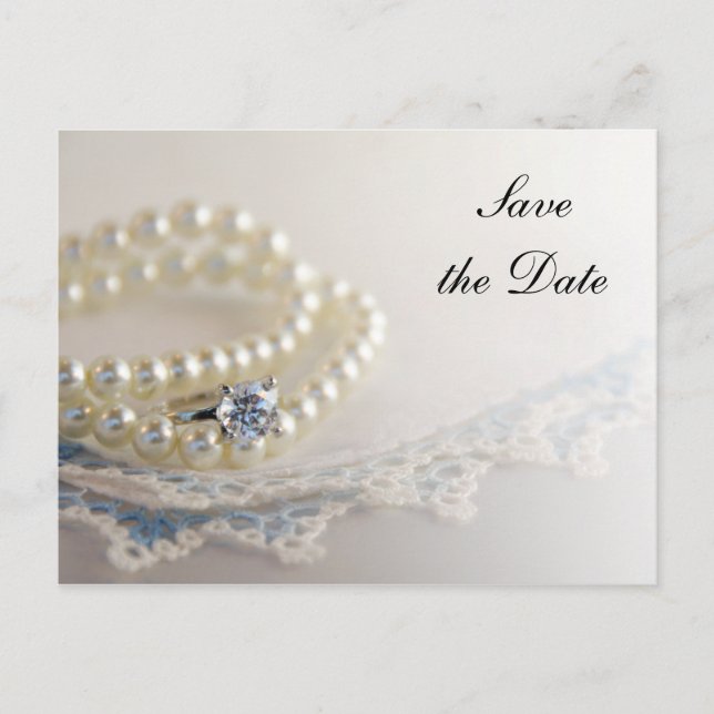 Carte Postale Faire-part Perles, alliance et dentelle bleue mariage Enregis (Devant)