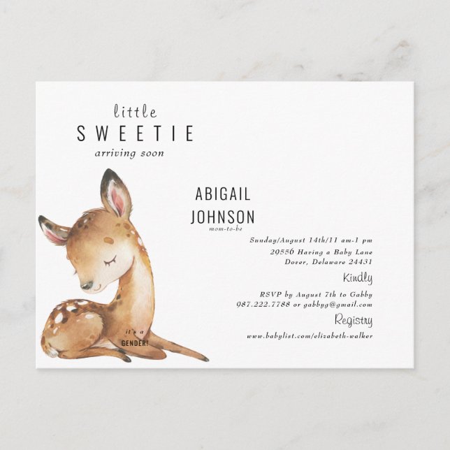 Carte Postale Faire-part Petit Sweetie Woodland Fawn Bébé blanc (Devant)