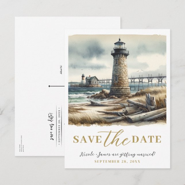 Carte Postale Faire-part Phare côtier rustique bord de mer Enregistrez la d (Devant / Derrière)