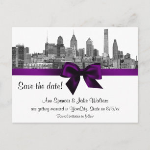 Carte Postale Faire-part Philadelphie Skyline Etch BW Purple Enregistrer la
