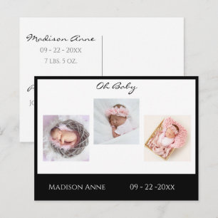 Carte Postale Faire-part Photo bébé Black Boy ou Girl Script Statistiques N