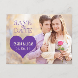 CARTE POSTALE FAIRE-PART PHOTO COEUR PURPLE ENREGISTRER LA DATE