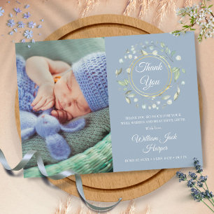 Carte Postale Faire-part Photo de bébé bleu poussiéreux remerciement floral