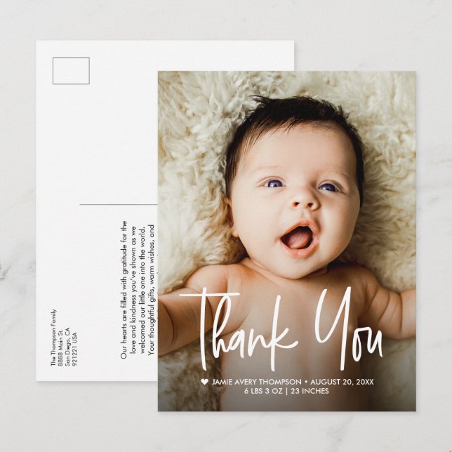 Carte Postale Faire-part Photo de bébé Merci Design Moderne Naissance (Devant / Derrière)