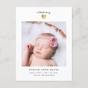 Carte Postale Faire-part Photo de bébé moderne Gold Heart Birth