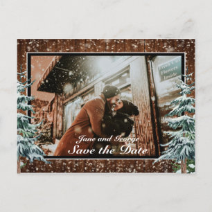 Carte Postale Faire-part Photo de mariage en bois enneigé et pin de pays fo