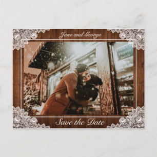 Carte Postale Faire-part Photo de mariage en bois rustique et dentelle blan