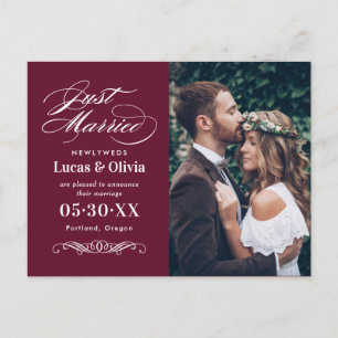 Carte Postale Faire-part Photo de mariage romantique en burgundy