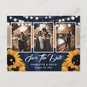Carte Postale Faire-part Photo de mariage tournesol en bois bleu marine