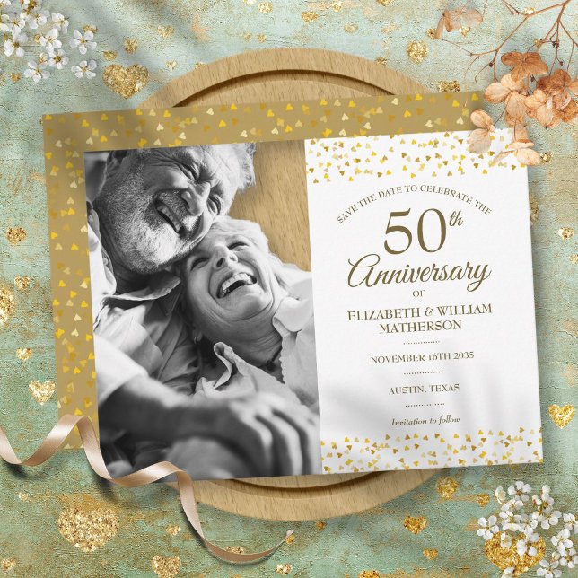 Carte Postale Faire-part Photo de mise à jour pour les 50 ans Golden Hearts (50th Anniversary Golden Hearts Save the Date Photo Announcement Postcard)