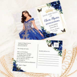 Carte Postale Faire-part Photo de papillons de Quinceañera floraux bleu roy