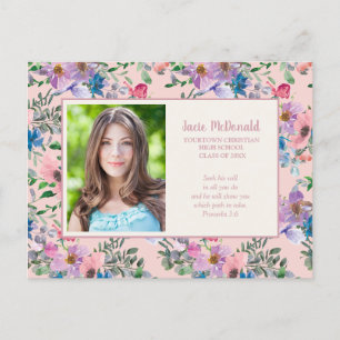 Carte Postale Faire-part Photo de remise de diplôme florale rose violet chr