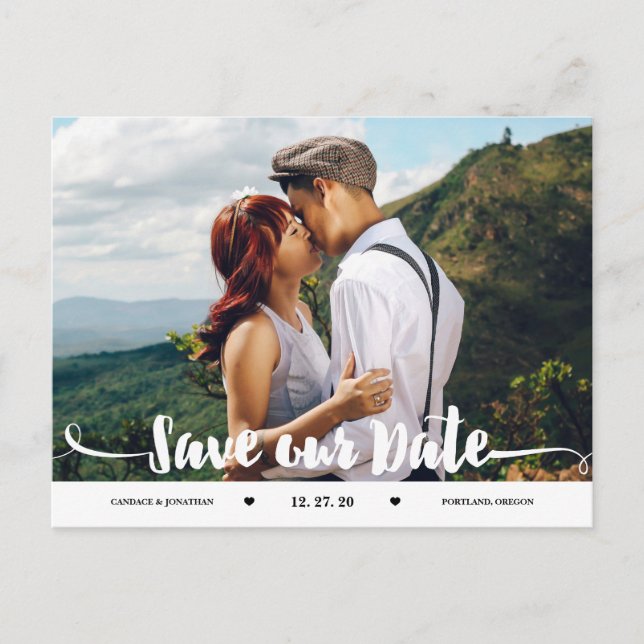 Carte Postale Faire-part Photo de sauvegarde écrite au pinceau Save the Dat (Devant)