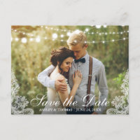 Photo de Save the Date en dentelle et guirlandes l