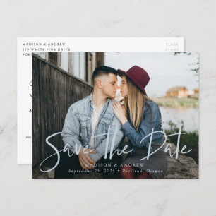 Carte Postale Faire-part Photo de script à lettres majuscules bleues Enregi