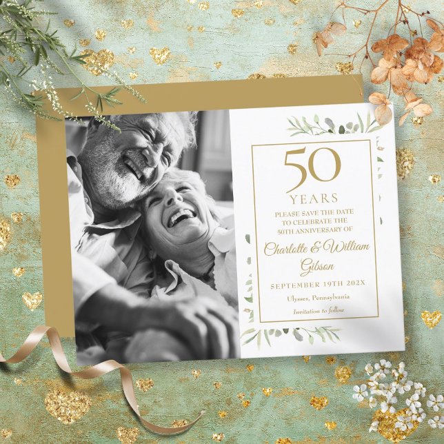Carte Postale Faire-part Photo de verdure pour les 50 ans de mariage (50th Golden Wedding Anniversary Greenery Photo Announcement Postcard)