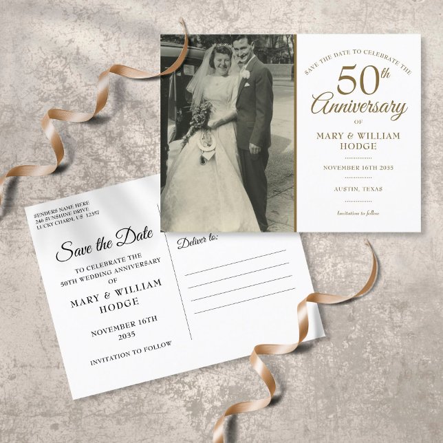Carte Postale Faire-part Photo du Mariage du 50e anniversaire Enregistrer l (50th Anniversary Wedding Photo Save The Date Announcement Postcard)