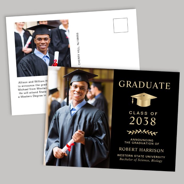 Carte Postale Faire-part Photo élégante Black Gold College Graduation (An elegant college graduation announcement to celebrate the graduate's achievements)