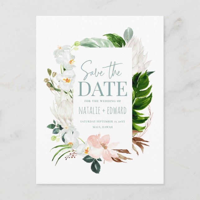 Carte Postale Faire-part Photo florale tropicale rose, sarcelle et orchidée (Devant)