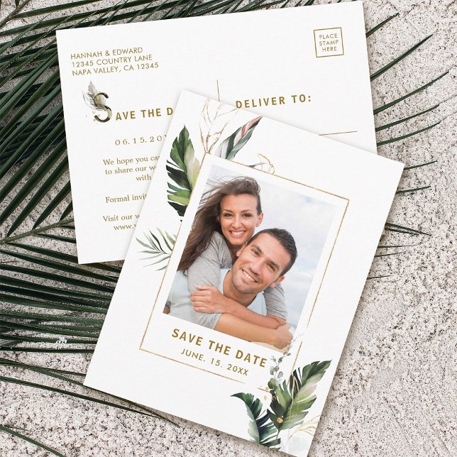 Carte Postale Faire-part Photo Mariage Tropical Foliage Gold Enregistrer la (Front & Back)