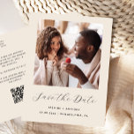 Carte Postale Faire-part Photo minimale Beige QR Code Enregistrer la date<br><div class="desc">Cette carte postale simple et minimaliste Save the Date présente une photo carré au-dessus des mots "Save the Date" dans un élégant script d'écriture manuscrite blanche, suivie des noms du couple, date mariage et ville en sans serif police sur un arrière - plan beige. Ajoutez un message plus détaillé avec...</div>