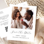 Carte Postale Faire-part Photo minimale noir blanc QR Code Enregistrer la d<br><div class="desc">Cette carte postale simple et minimaliste Save the Date présente une photo carré au-dessus des mots "Save the Date" dans un élégant script d'écriture en noir, suivie des noms du couple, date du mariage et ville en sans serif police sur un arrière - plan blanc. Ajoutez un message plus détaillé...</div>
