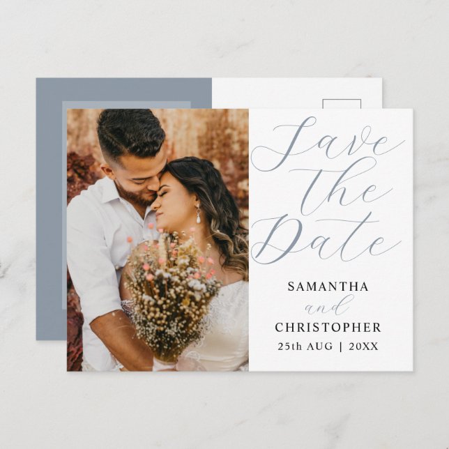Carte Postale Faire-part Photo moderne Dusty Blue Save the Date Mariage (Devant / Derrière)