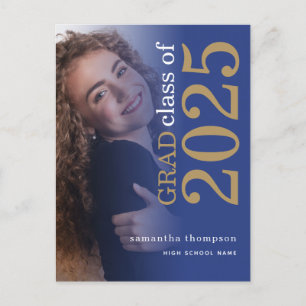 Carte Postale Faire-part Photo moderne Gold Blue 2024 Graduation