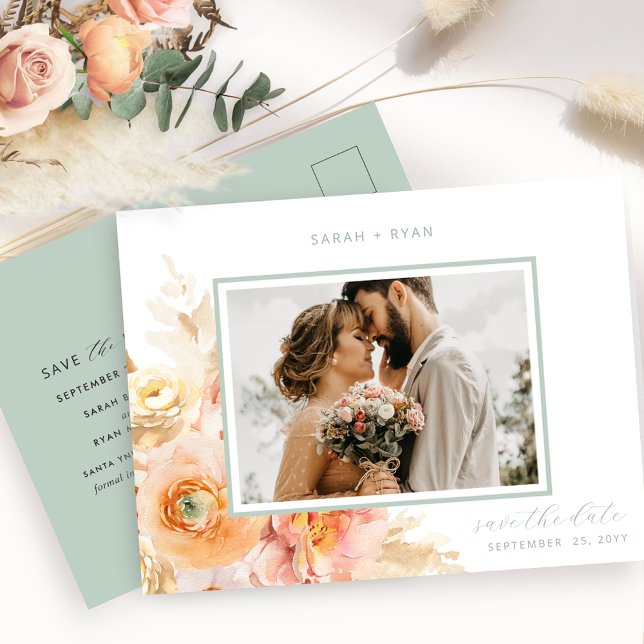 Carte Postale Faire-part Photo Peach Blush and Sage Wedding Save the Date (Créateur téléchargé)