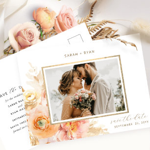 Carte Postale Faire-part Photo Peach Blush Cream Gold Wedding Enregistrer l