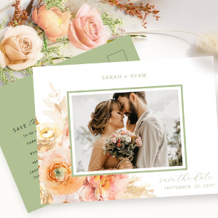 Carte Postale Faire-part Photo Peach Blush et Green Wedding Enregistrer la