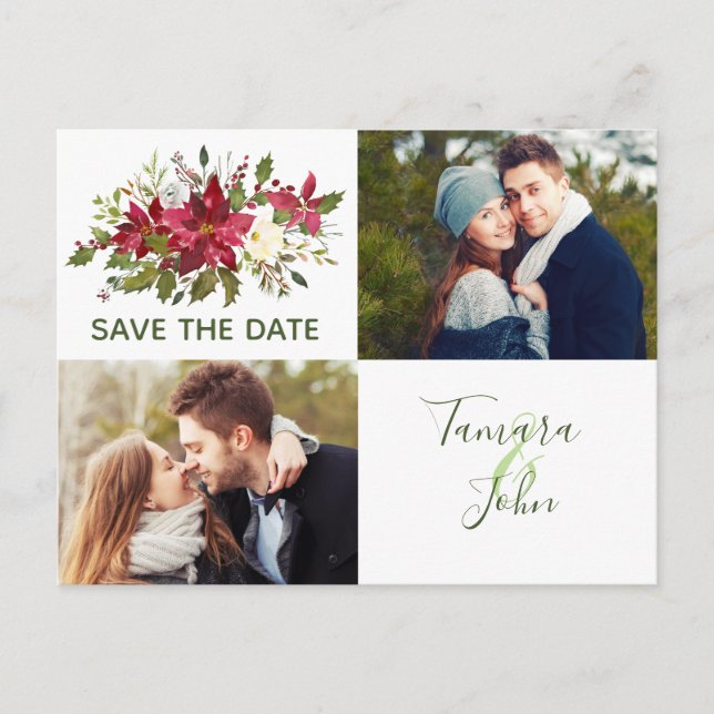 Carte Postale Faire-part Photo Poinsettia Christmas Green Save The Date (Devant)