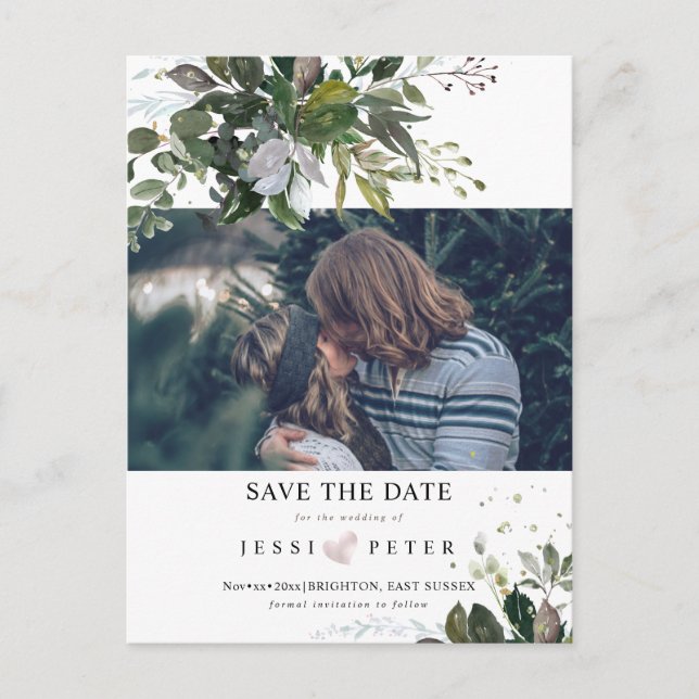 Carte Postale Faire-part Photo Save the Date, Boho Blue Gum Eucalyptus (Devant)