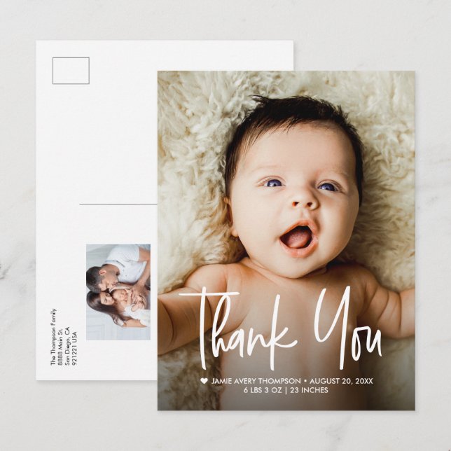 Carte Postale Faire-part Photos de bébé Merci Design Moderne Naissance (Devant / Derrière)