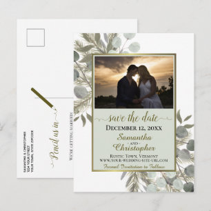 Carte Postale Faire-part Pin rustique et sauge d'eucalyptus Save the Date P