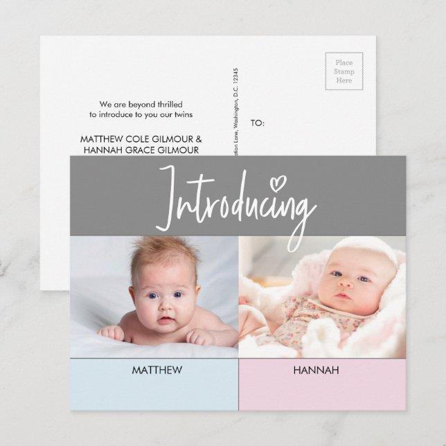Carte Postale Faire-part Pink Blue Introduction Script Twins garçon et fill (Devant / Derrière)