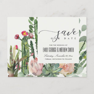 CARTE POSTALE FAIRE-PART PINK FLORAL DESERT CACTI FOLIAGE ENREGISTRER LA DA