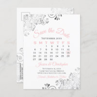 Pink, Gray & White Wedding Save the Date Calendar