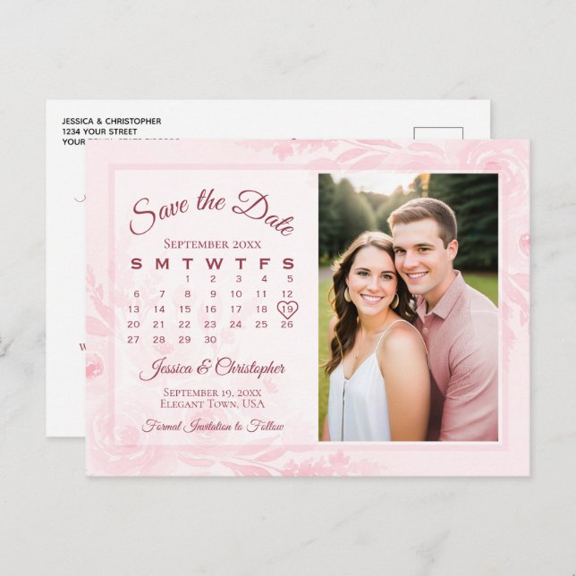 Carte Postale Faire-part Pink Peonies Wedding Save the Date Calendar Photo (Devant / Derrière)