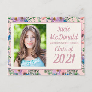 Carte Postale Faire-part Pink Purple Floral Graduation Classe photo de 2021