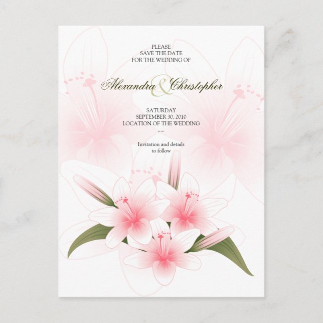 Carte Postale Faire-part Pink & White Lys Mariage Enregistrer La Date 2 (Devant)