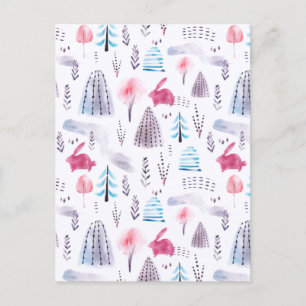 Carte Postale Faire-part Pink Winter Forest Hop Bunny Watercolor